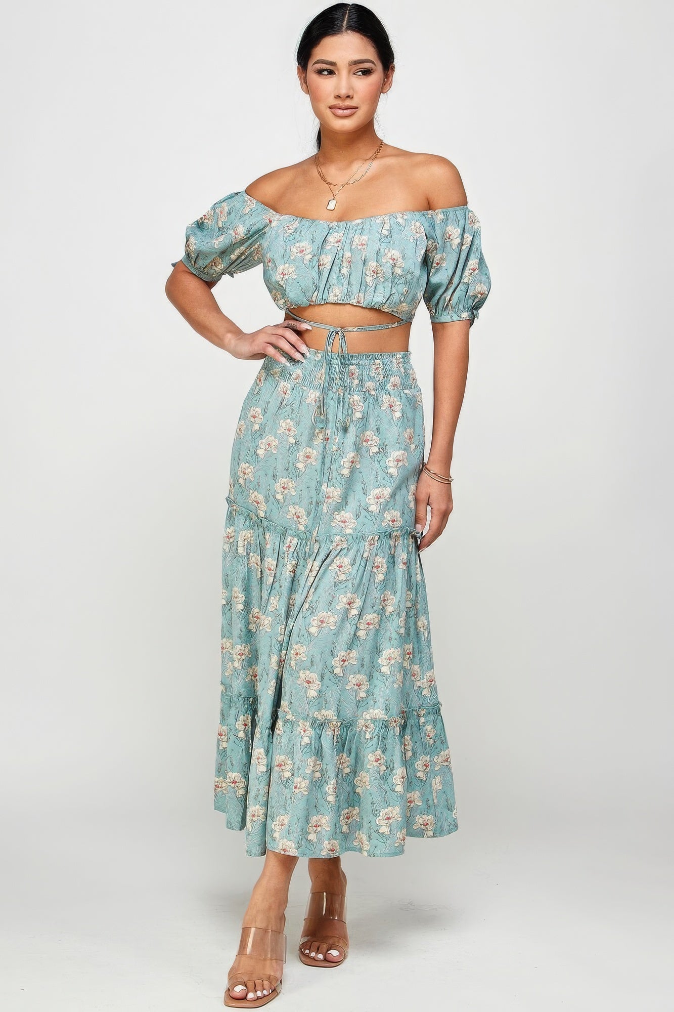 Blue Zone Planet | Marisol's Floral Off Shoulder Sleeve Back Tie Top Skirt Set Blue Zone Planet