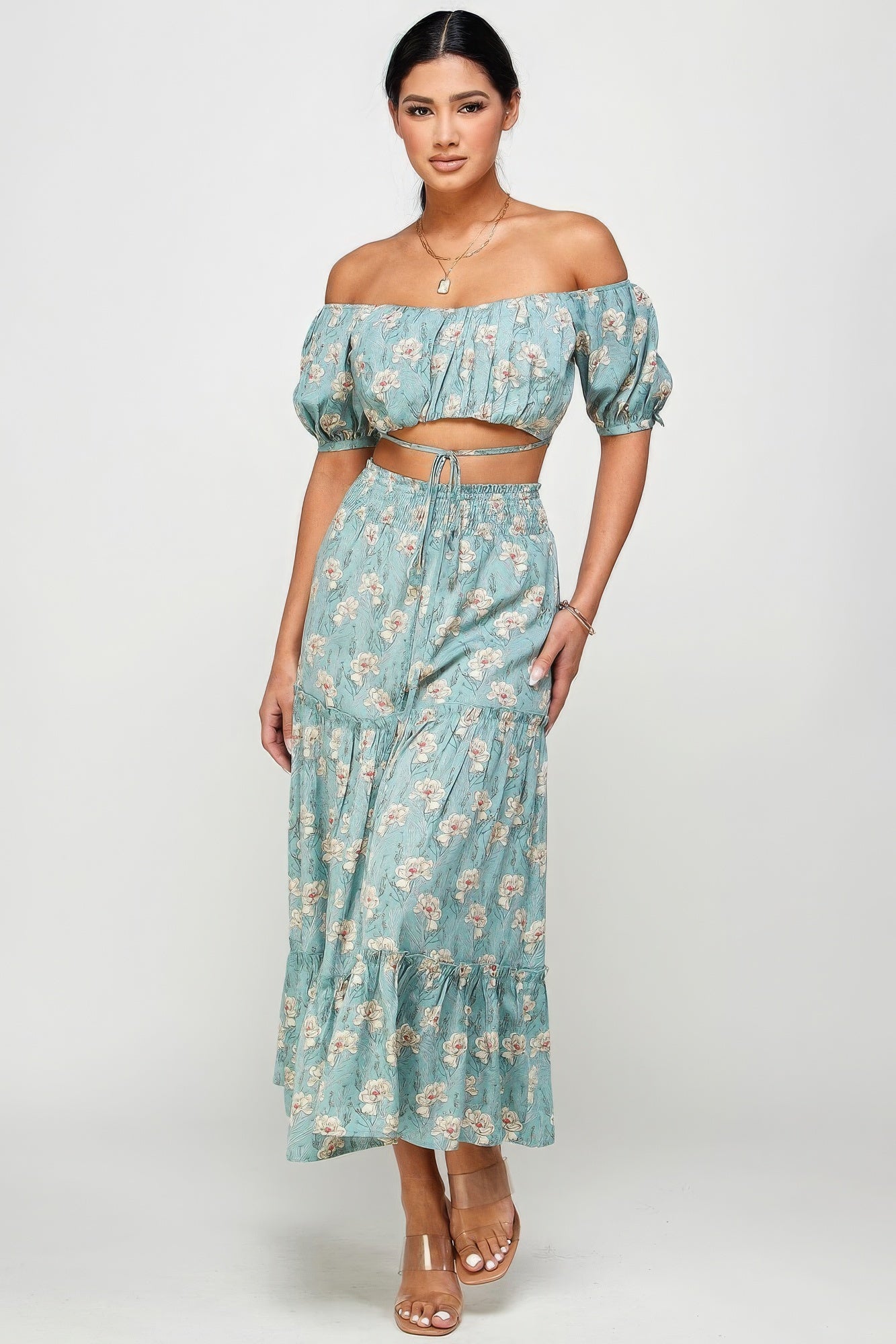 Blue Zone Planet | Marisol's Floral Off Shoulder Sleeve Back Tie Top Skirt Set Blue Zone Planet