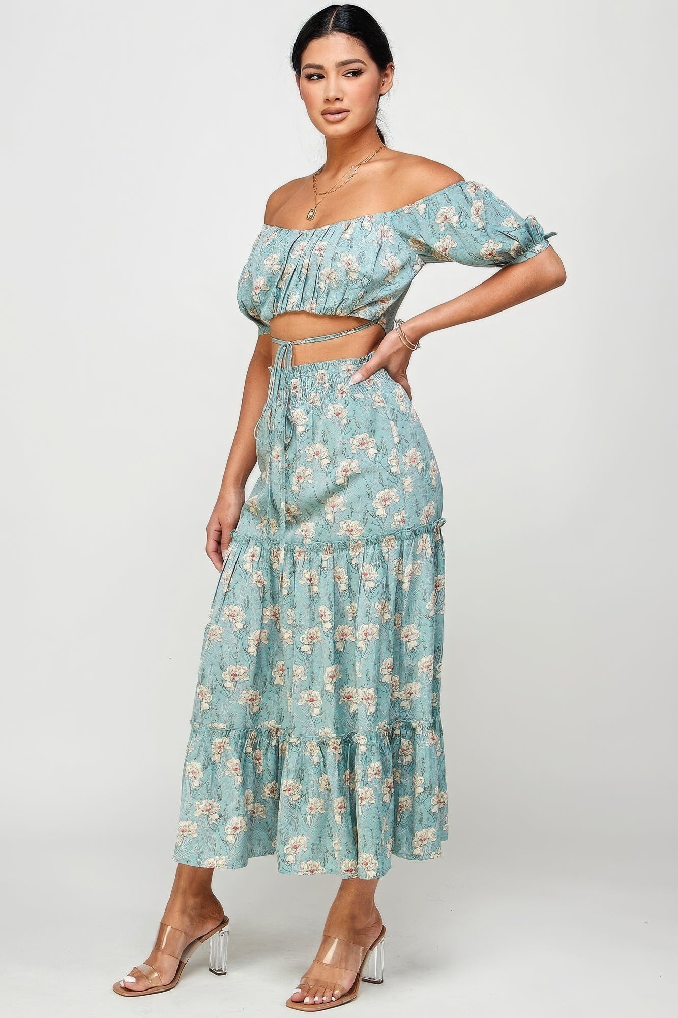 Blue Zone Planet | Marisol's Floral Off Shoulder Sleeve Back Tie Top Skirt Set Blue Zone Planet