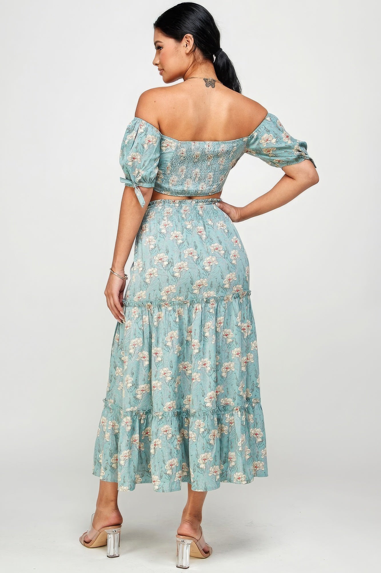Blue Zone Planet | Marisol's Floral Off Shoulder Sleeve Back Tie Top Skirt Set Blue Zone Planet