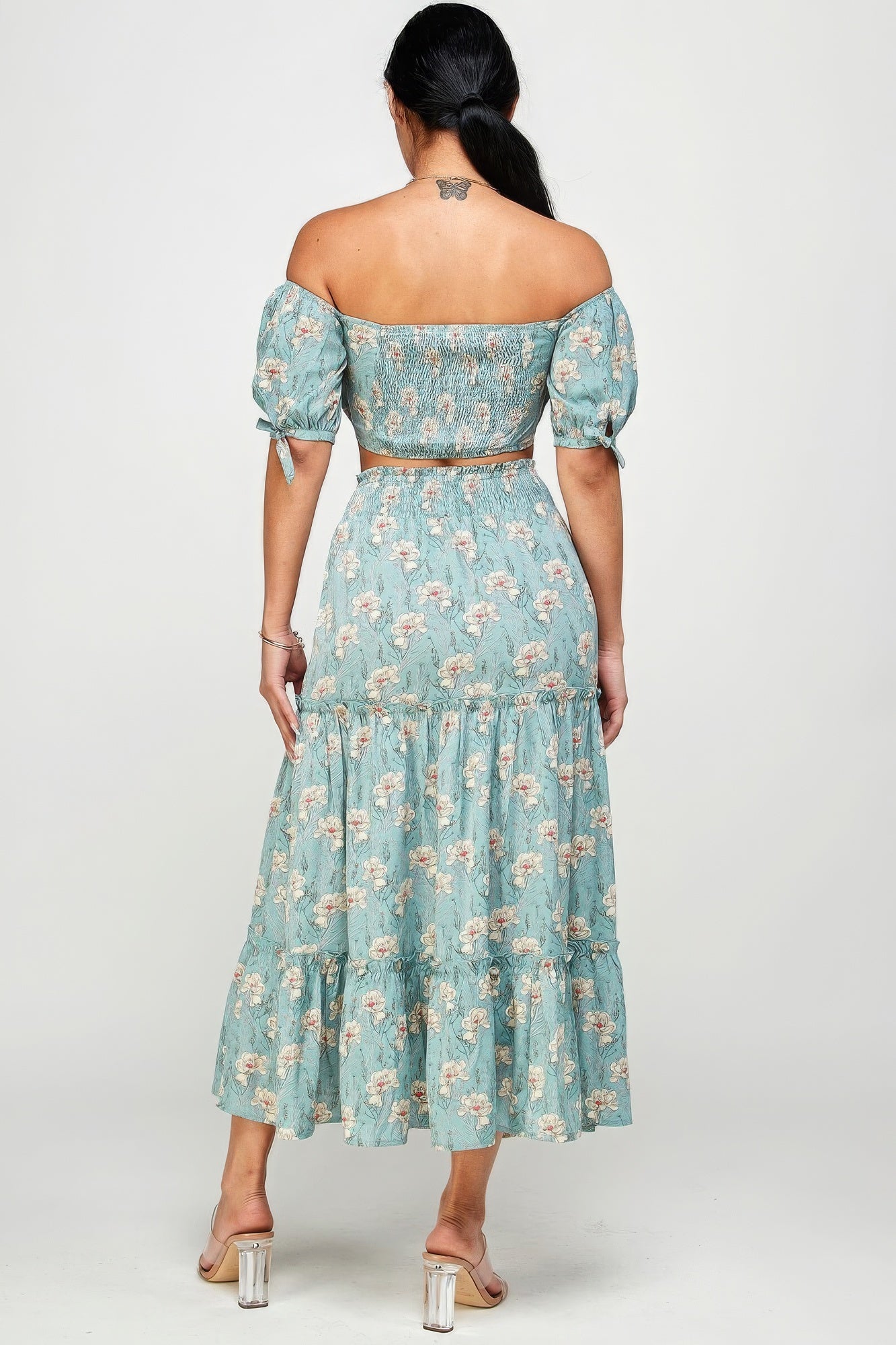 Blue Zone Planet | Marisol's Floral Off Shoulder Sleeve Back Tie Top Skirt Set Blue Zone Planet