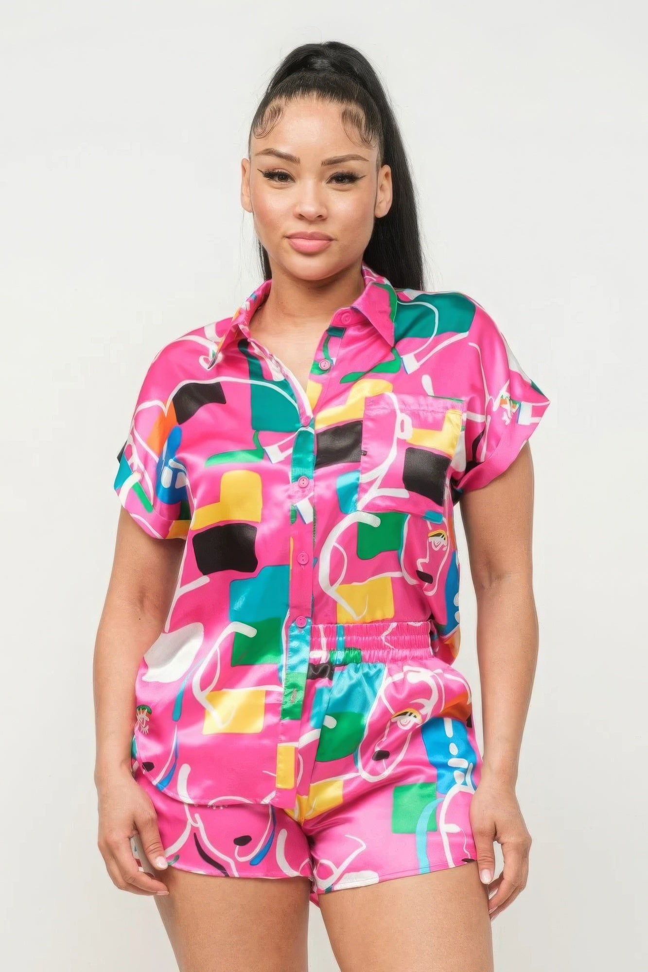 Blue Zone Planet | Satin Dolman Print Button Down Top And Shorts Set Blue Zone Planet