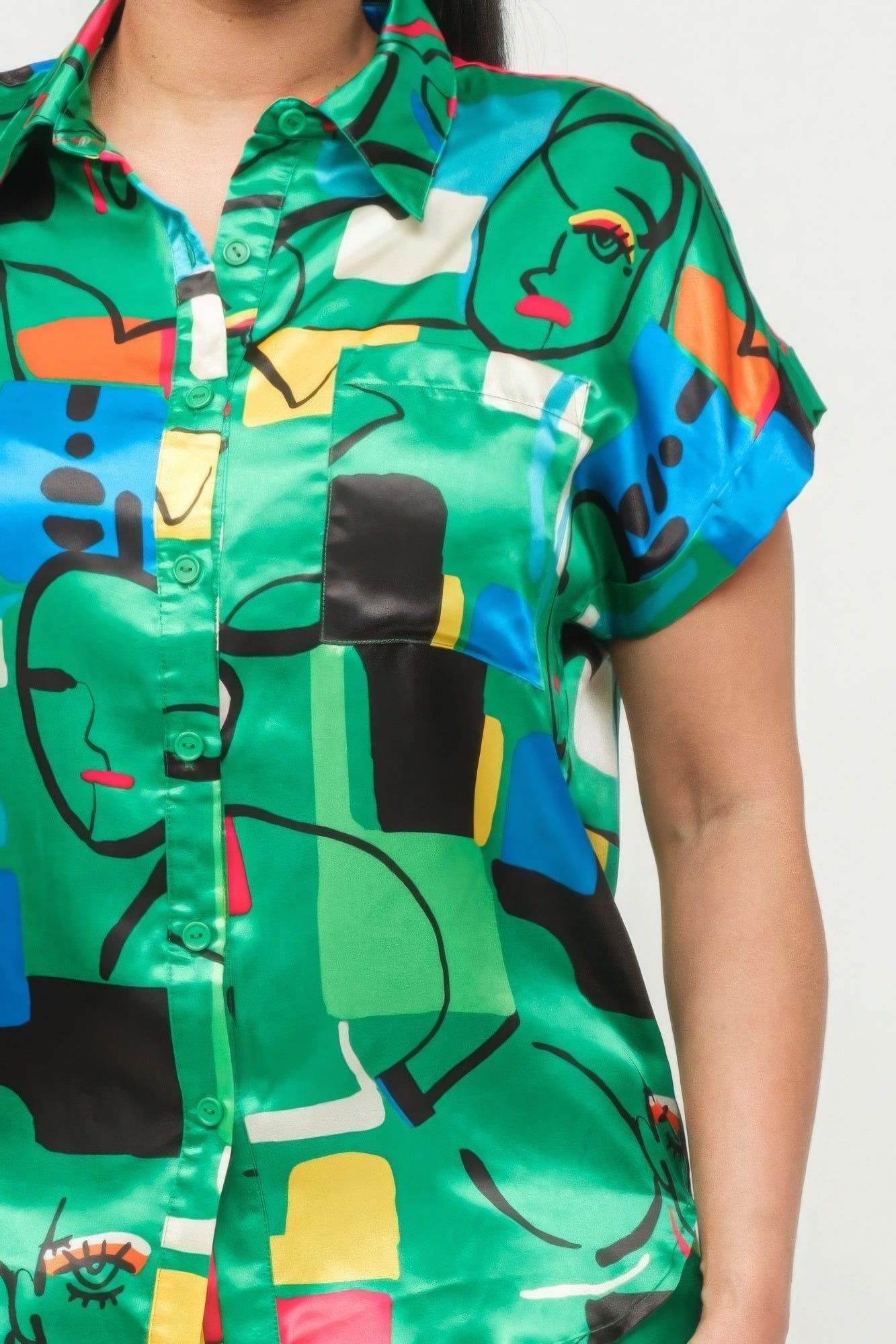 Blue Zone Planet | Satin Dolman Print Button Down Top And Shorts Set Blue Zone Planet
