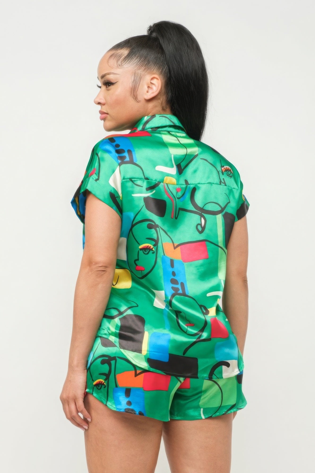 Blue Zone Planet | Satin Dolman Print Button Down Top And Shorts Set Blue Zone Planet