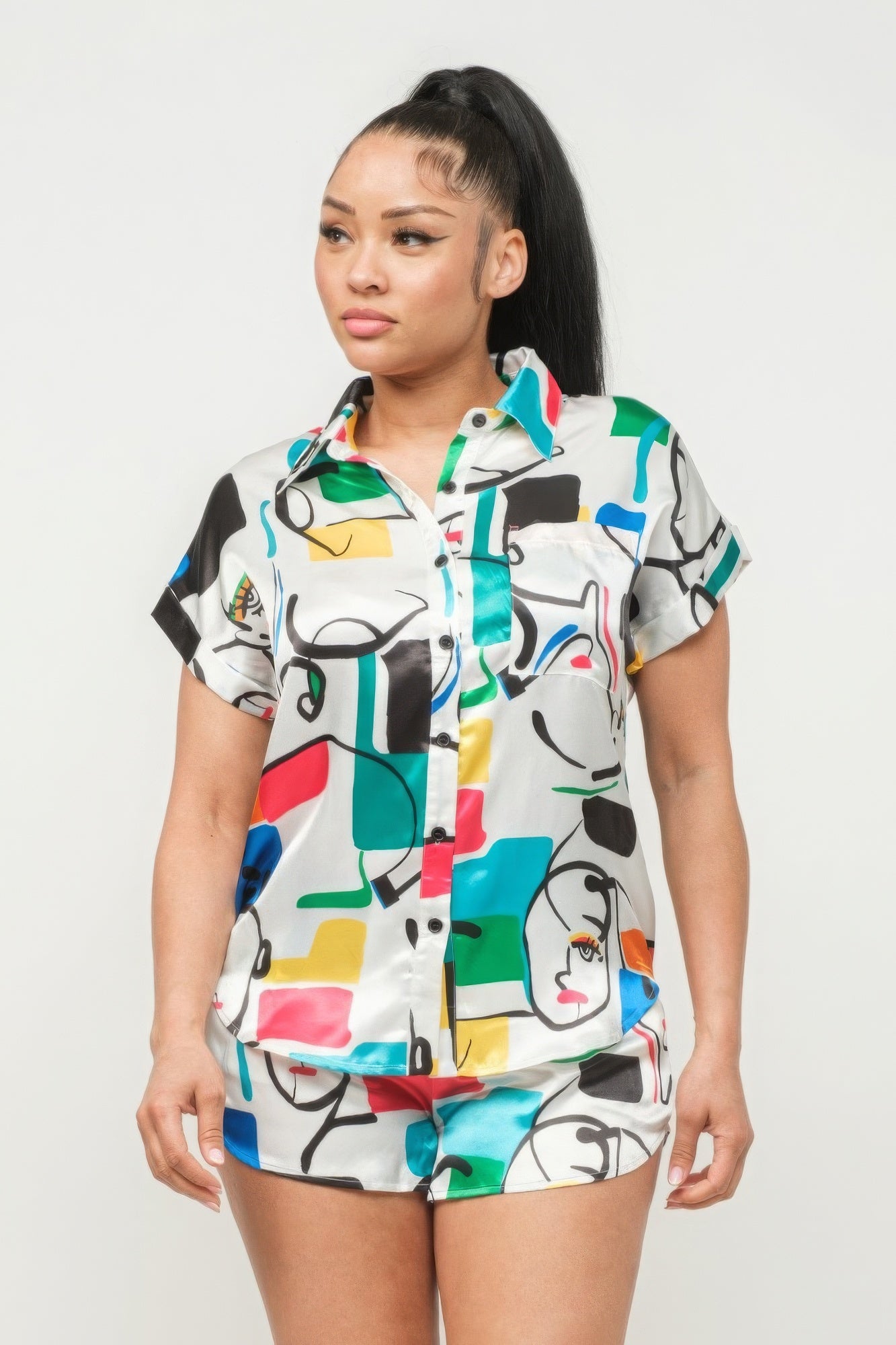 Blue Zone Planet | Satin Dolman Print Button Down Top And Shorts Set Blue Zone Planet
