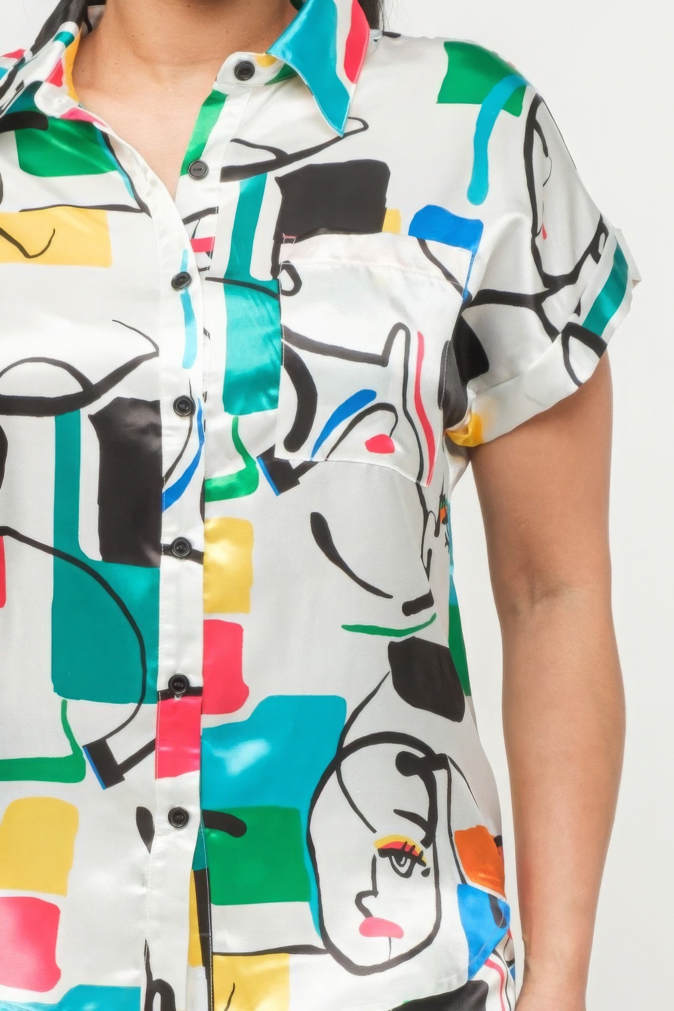 Blue Zone Planet | Satin Dolman Print Button Down Top And Shorts Set Blue Zone Planet