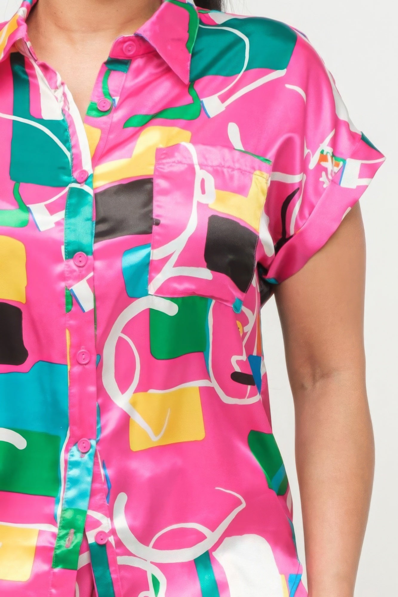 Blue Zone Planet | Satin Dolman Print Button Down Top And Shorts Set Blue Zone Planet