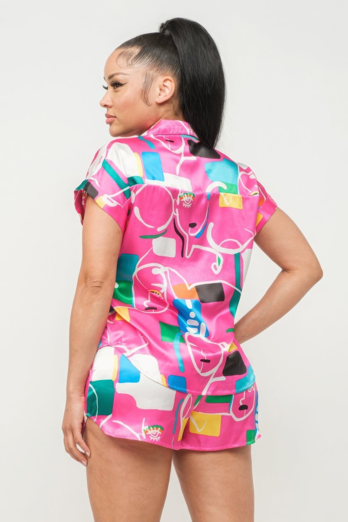 Blue Zone Planet | Satin Dolman Print Button Down Top And Shorts Set Blue Zone Planet