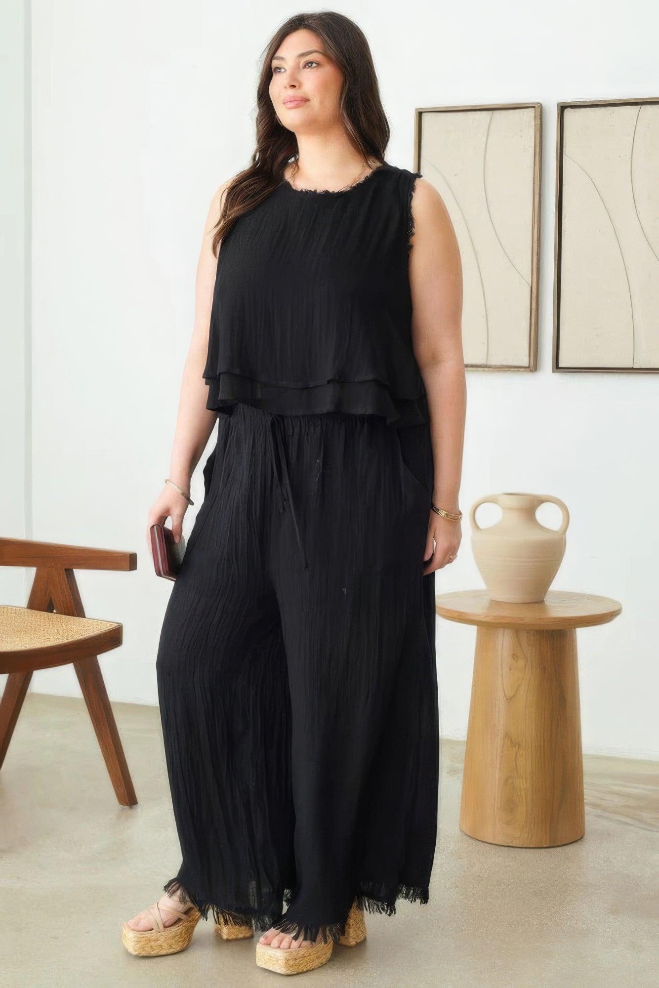 Grace's Plus Size Boho Sleeveless Frayed Hem Top Blue Zone Planet