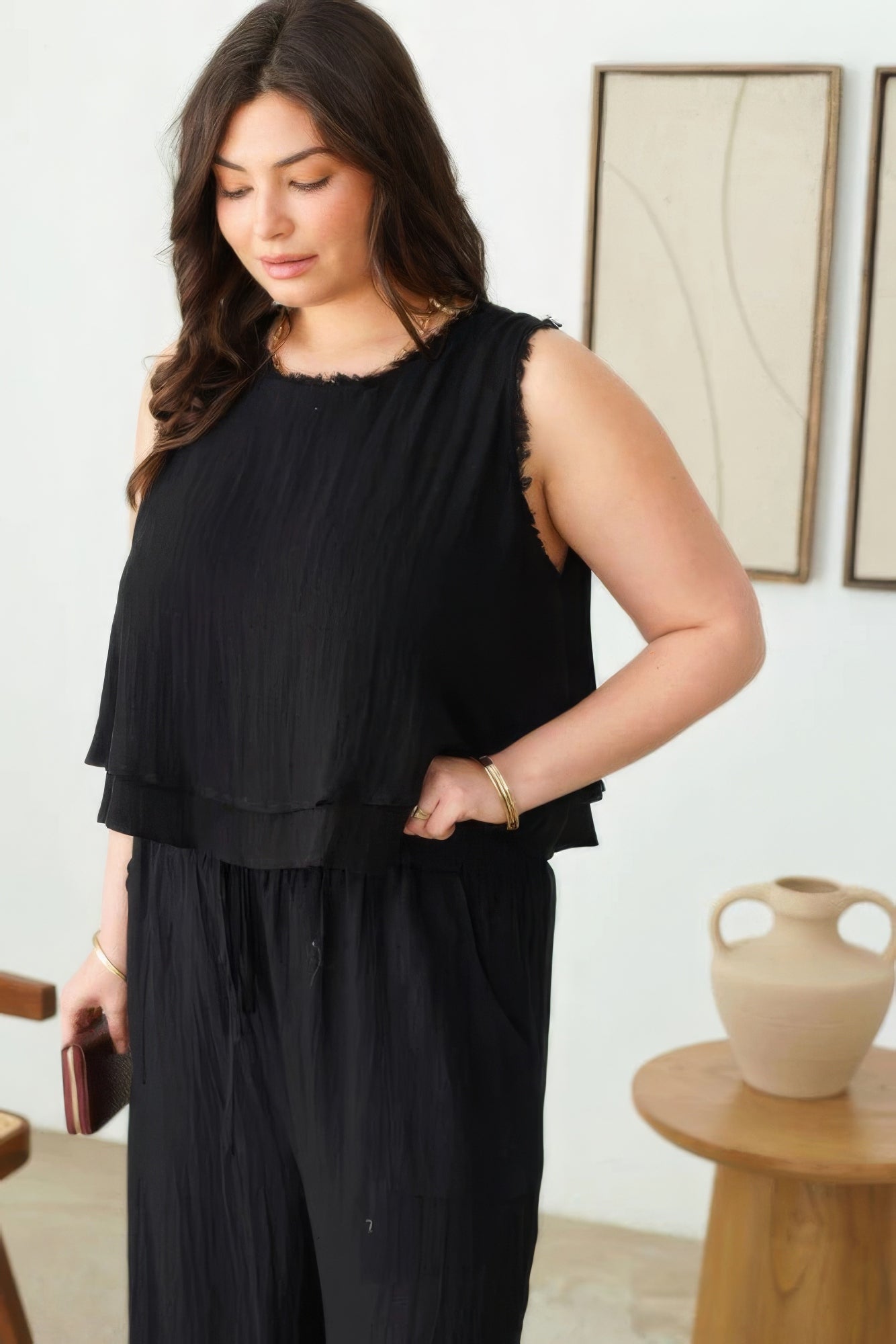 Grace's Plus Size Boho Sleeveless Frayed Hem Top Blue Zone Planet