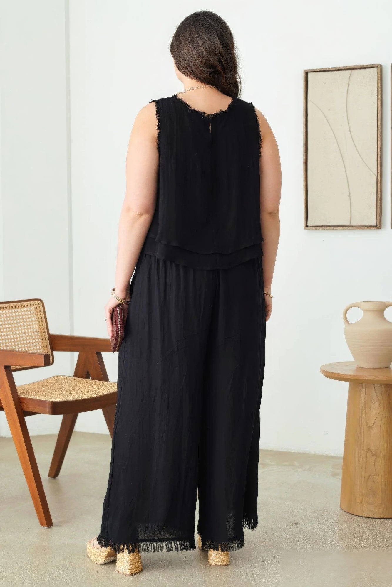 Grace's Plus Size Boho Sleeveless Frayed Hem Top Blue Zone Planet