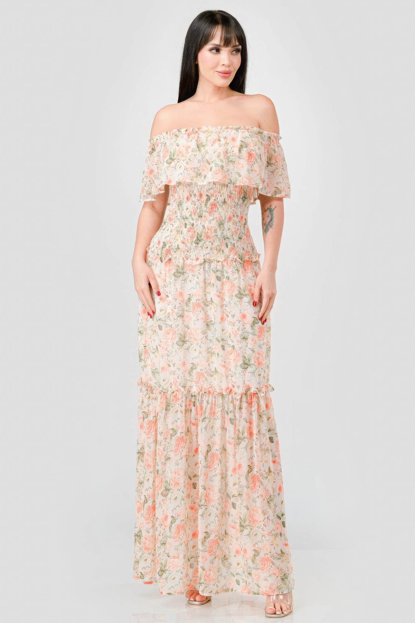 Alice's Floral Chiffon Off Shoulder Smocked Back Ruffled Tiered Maxi Dress Blue Zone Planet