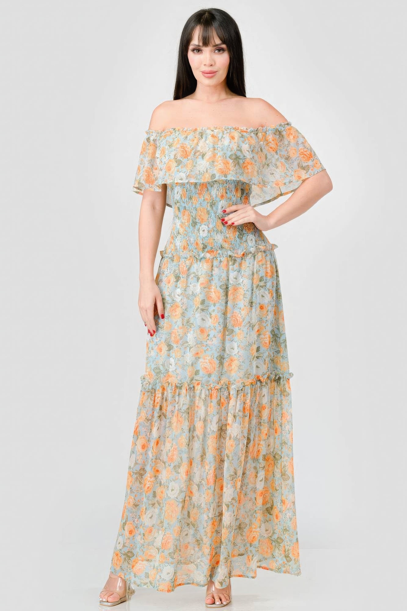 Alice's Floral Chiffon Off Shoulder Smocked Back Ruffled Tiered Maxi Dress Blue Zone Planet