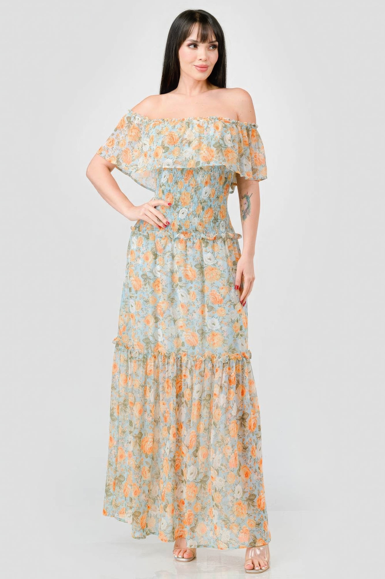 Alice's Floral Chiffon Off Shoulder Smocked Back Ruffled Tiered Maxi Dress Blue Zone Planet