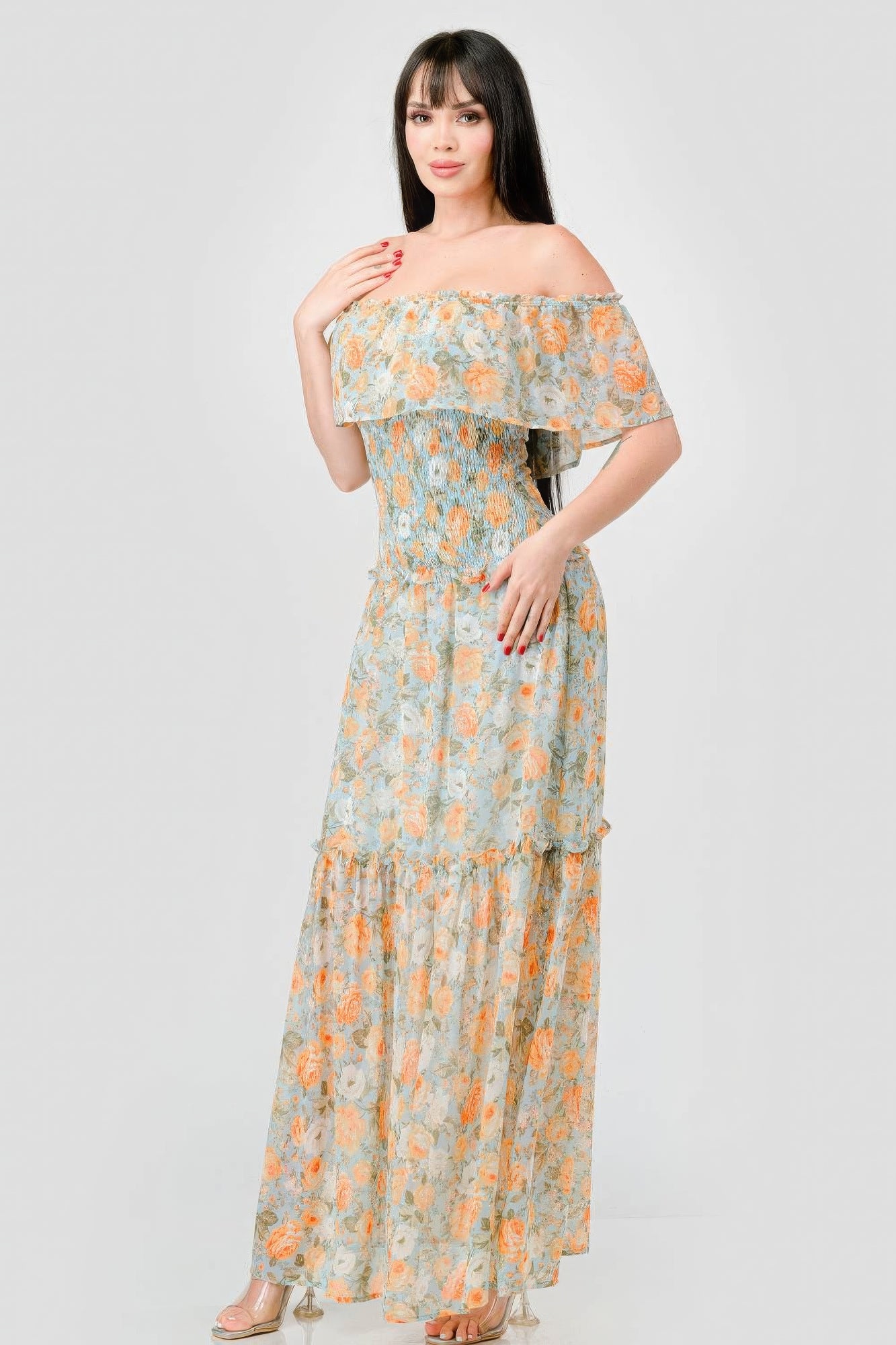 Alice's Floral Chiffon Off Shoulder Smocked Back Ruffled Tiered Maxi Dress Blue Zone Planet