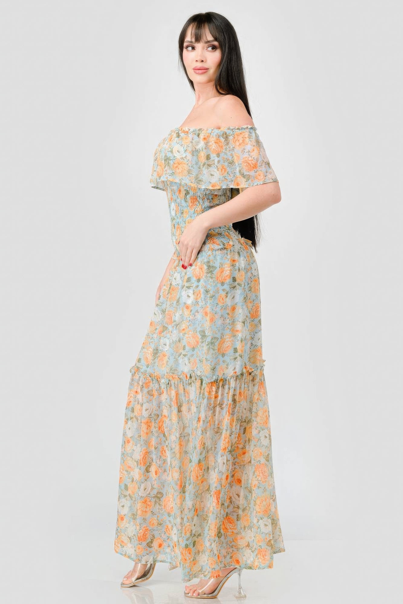 Alice's Floral Chiffon Off Shoulder Smocked Back Ruffled Tiered Maxi Dress Blue Zone Planet
