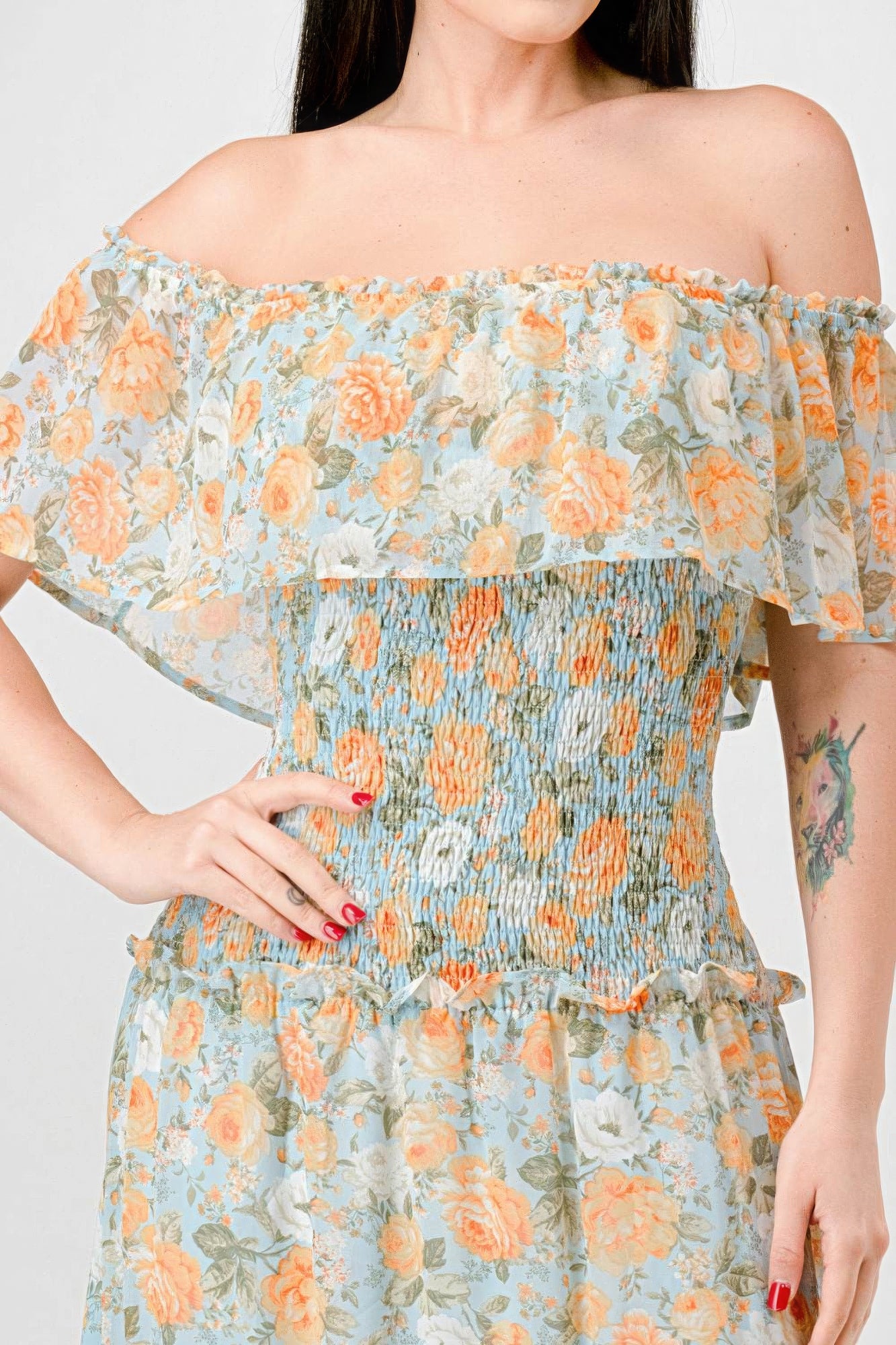 Alice's Floral Chiffon Off Shoulder Smocked Back Ruffled Tiered Maxi Dress Blue Zone Planet
