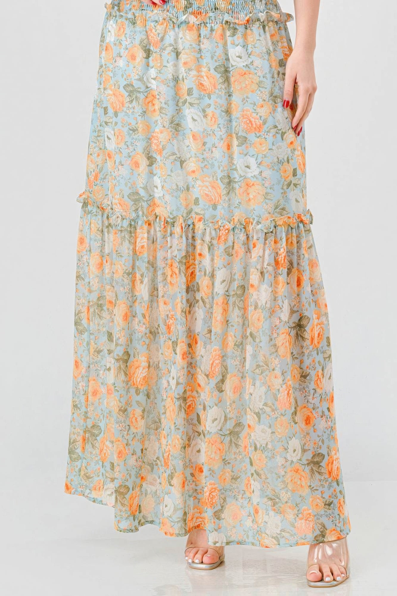 Alice's Floral Chiffon Off Shoulder Smocked Back Ruffled Tiered Maxi Dress Blue Zone Planet