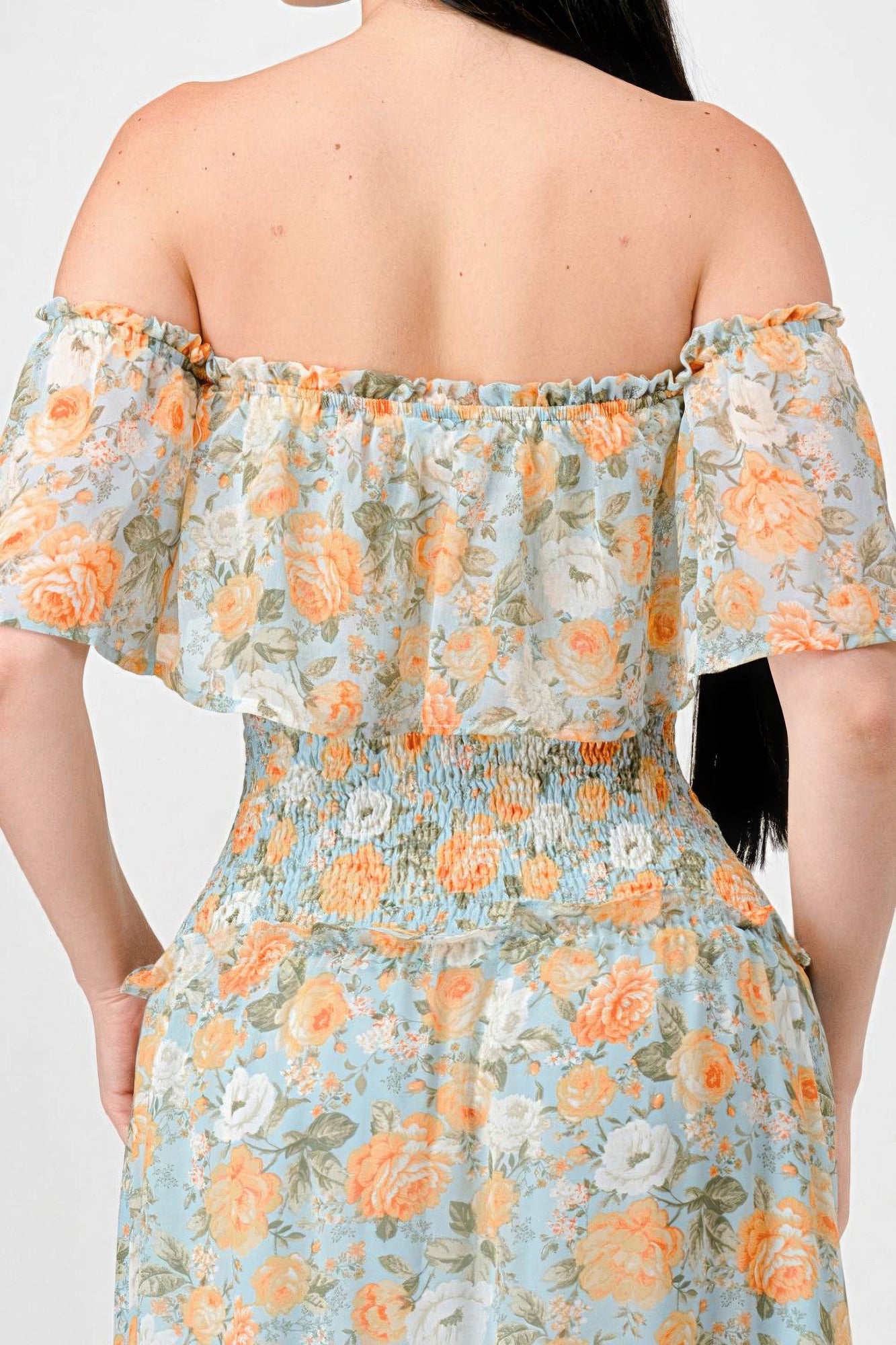 Alice's Floral Chiffon Off Shoulder Smocked Back Ruffled Tiered Maxi Dress Blue Zone Planet
