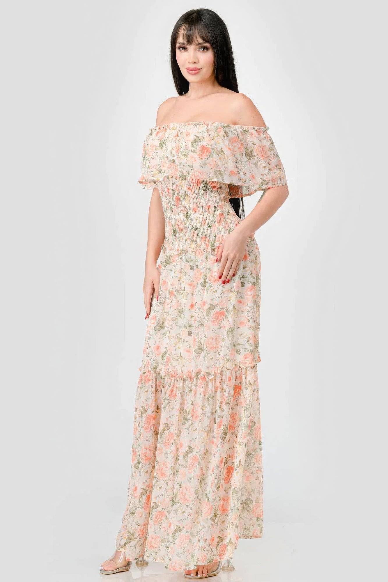 Alice's Floral Chiffon Off Shoulder Smocked Back Ruffled Tiered Maxi Dress Blue Zone Planet