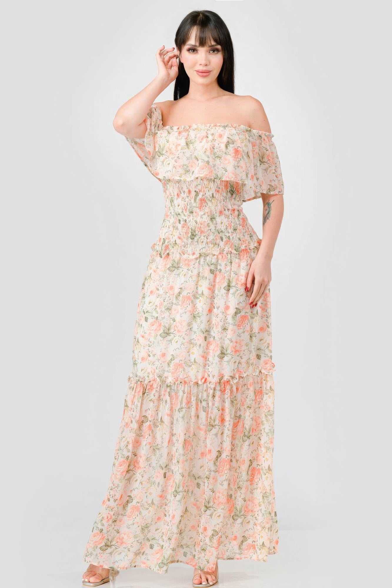 Alice's Floral Chiffon Off Shoulder Smocked Back Ruffled Tiered Maxi Dress Blue Zone Planet