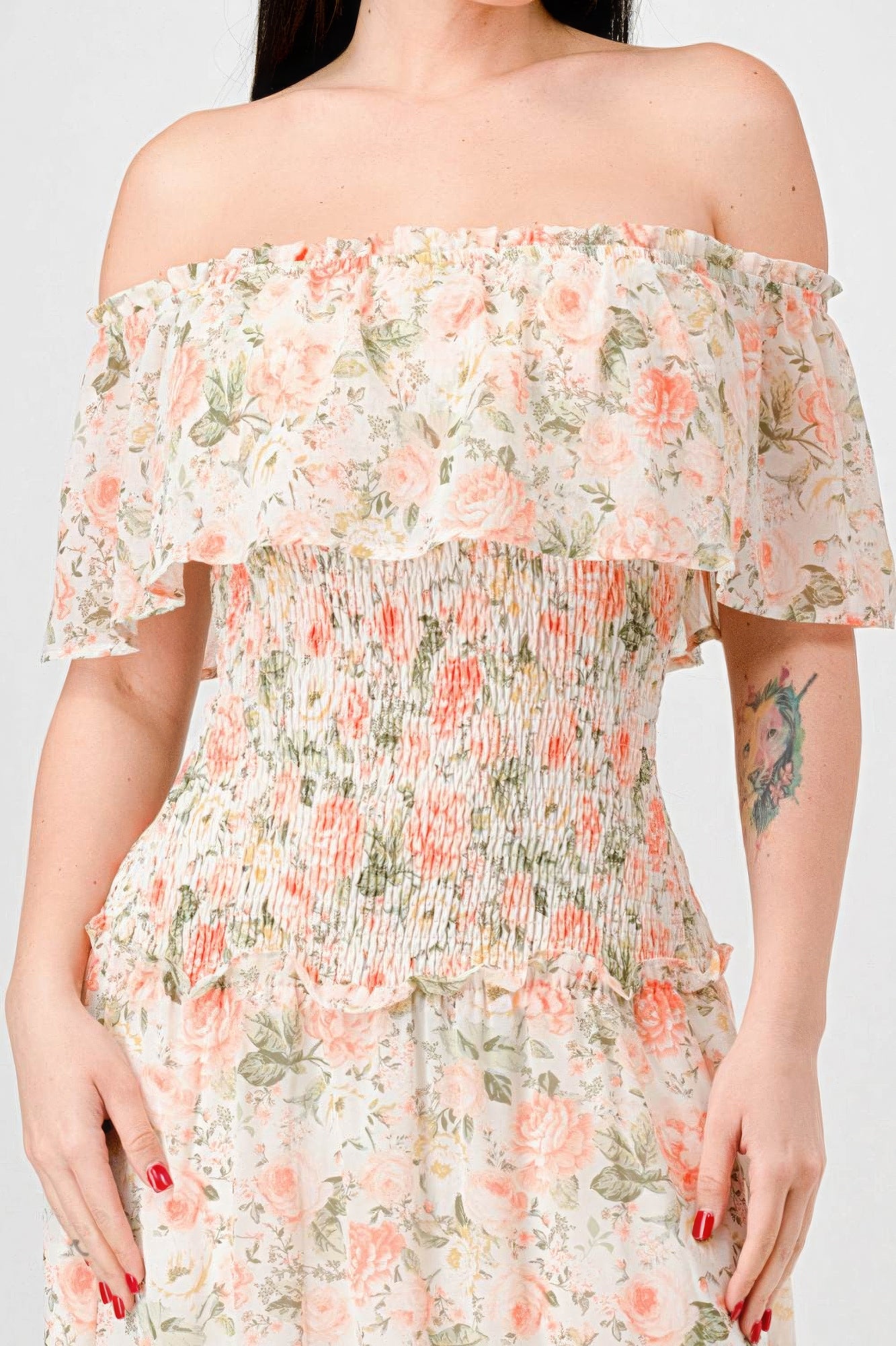 Alice's Floral Chiffon Off Shoulder Smocked Back Ruffled Tiered Maxi Dress Blue Zone Planet