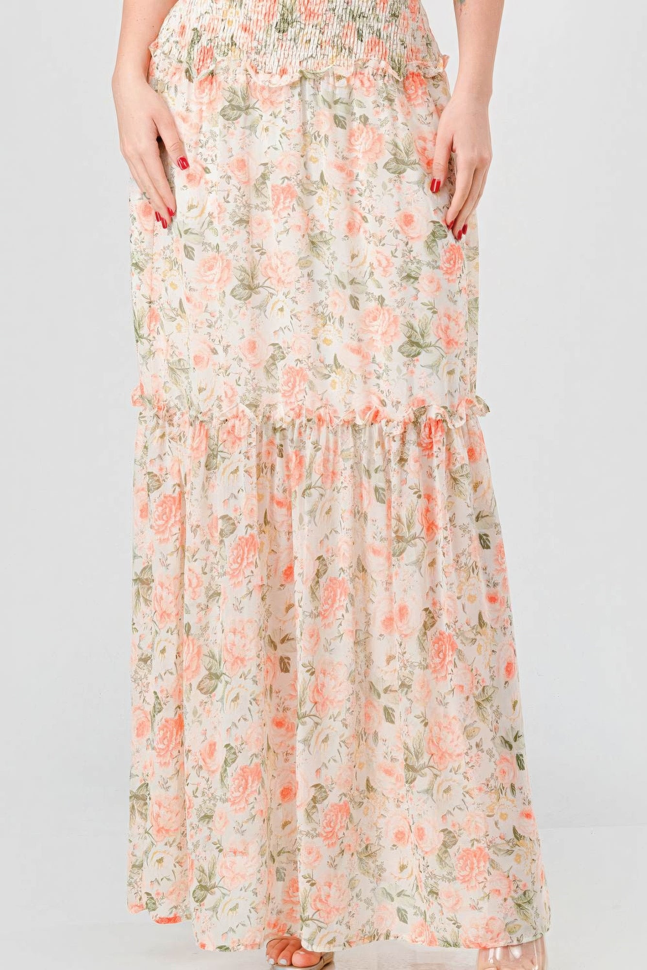 Alice's Floral Chiffon Off Shoulder Smocked Back Ruffled Tiered Maxi Dress Blue Zone Planet