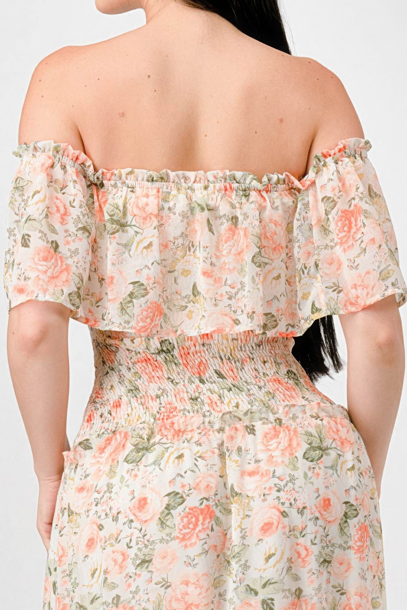 Alice's Floral Chiffon Off Shoulder Smocked Back Ruffled Tiered Maxi Dress Blue Zone Planet