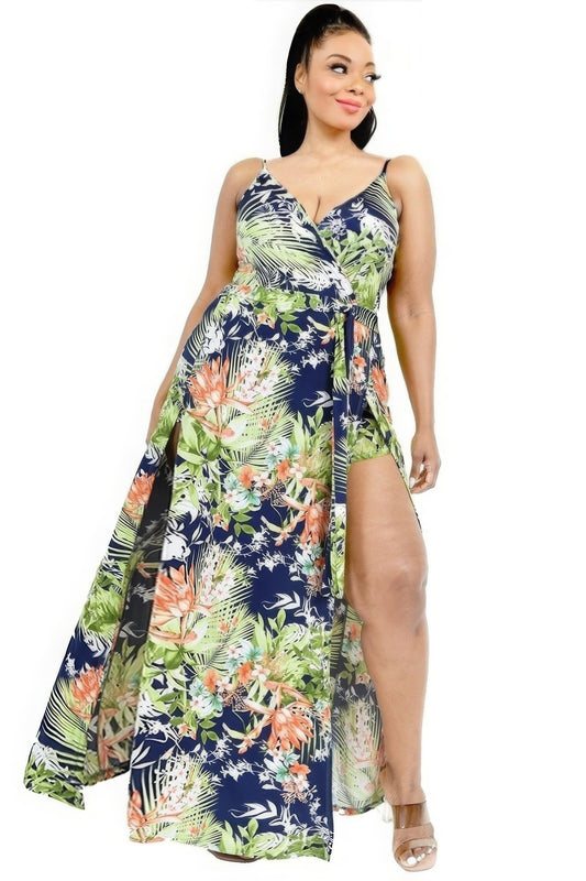 Plus Tropical Leaf Print Surplice Maxi Dress Blue Zone Planet