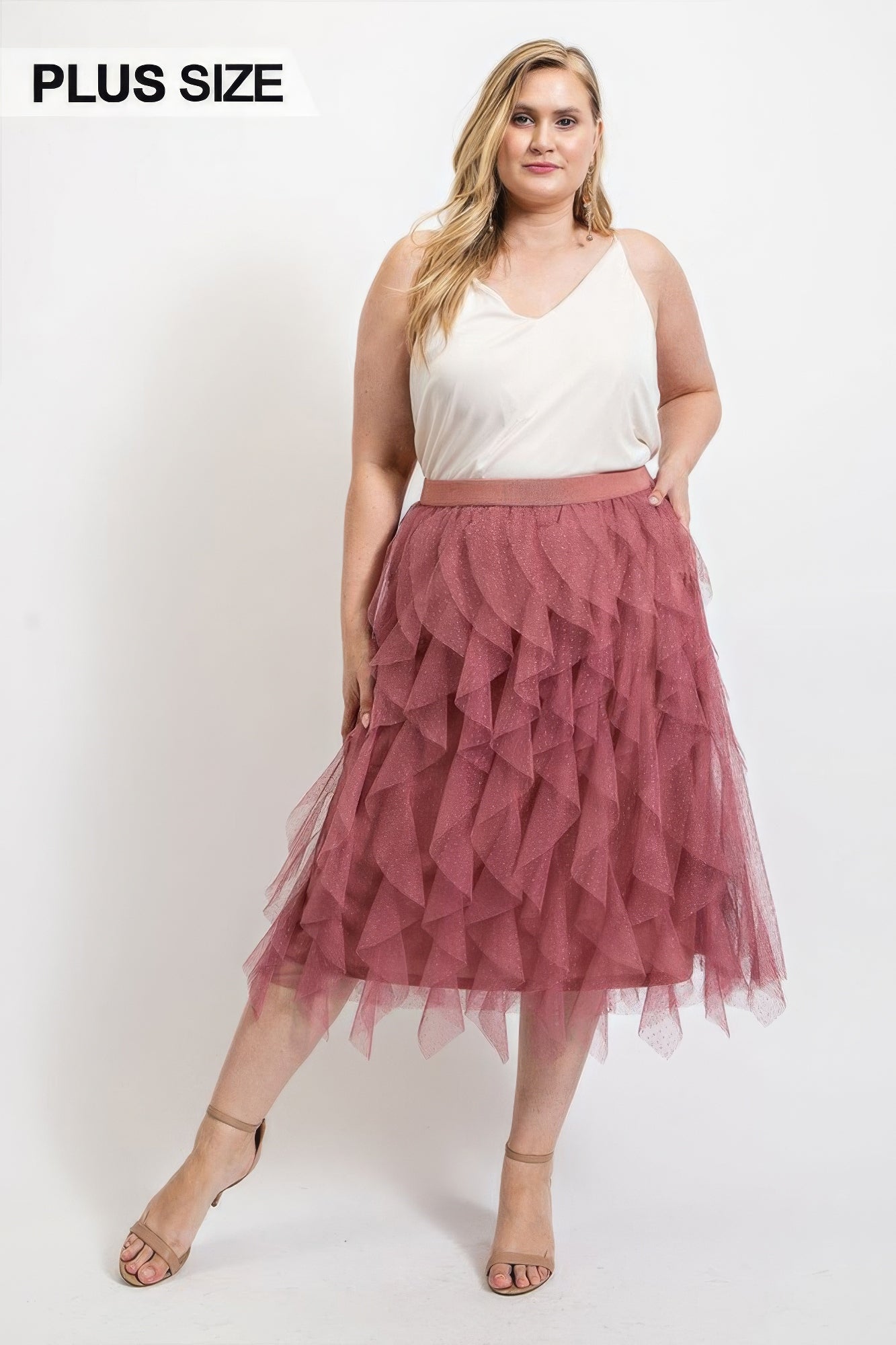 Blue Zone Planet | Ruffled Tulle Midi Skirt With Elastic Waist Band Blue Zone Planet