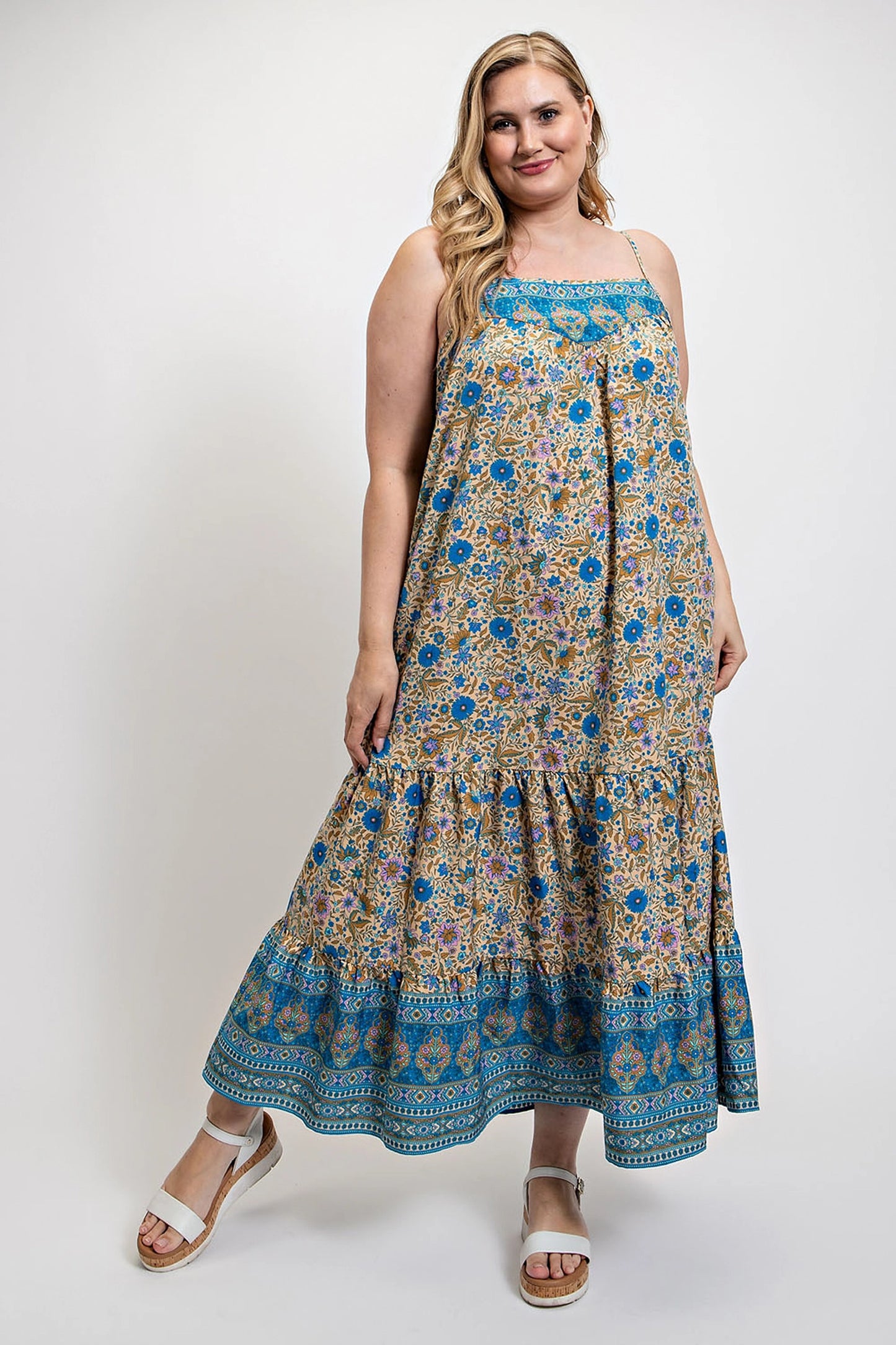 Blue Zone Planet | Floral And Aztec Print Drop Down Maxi Dress With Spaghetti Strap Blue Zone Planet