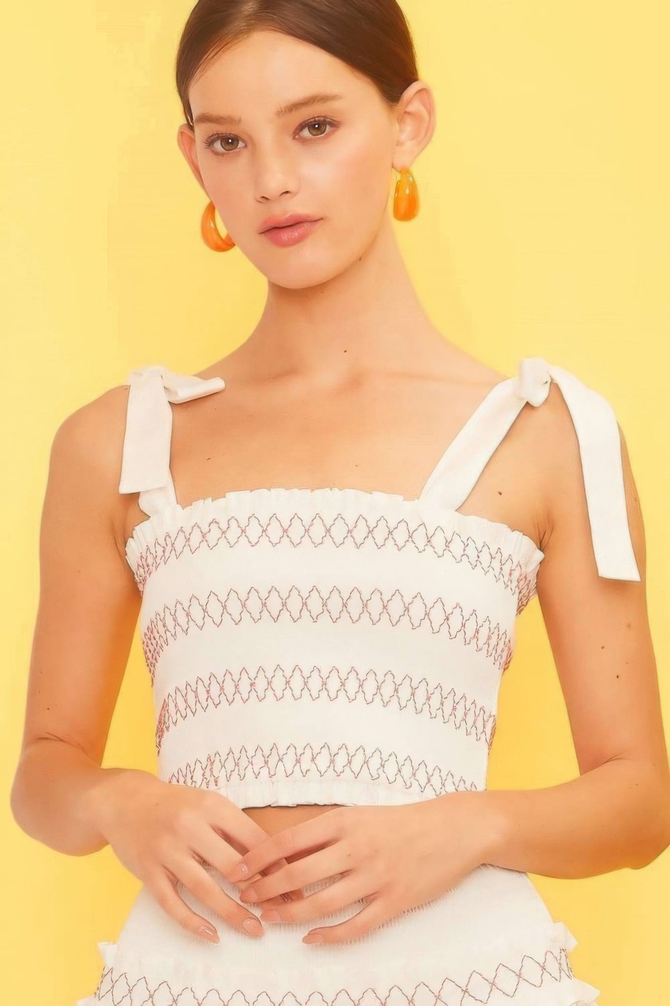 Blue Zone Planet | Bella's Self Tie Shoulder Smocking Ruffle Crop Top Blue Zone Planet