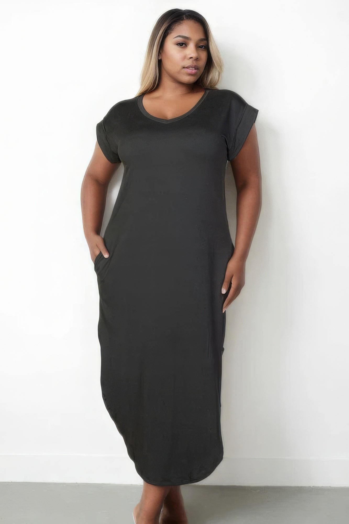 Blue Zone Planet | Plus Size Hidden Pocket Batwing Sleeve V Neck Long Dress Blue Zone Planet