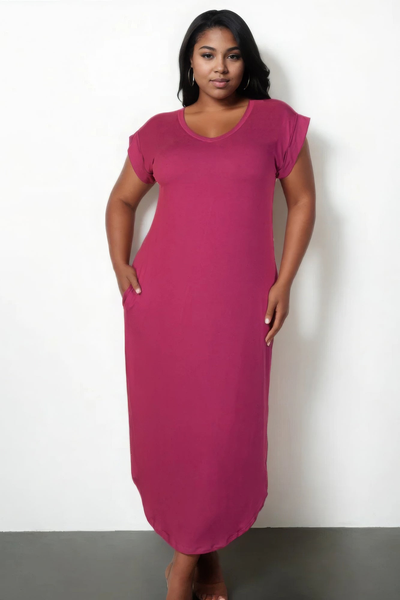 Blue Zone Planet | Plus Size Hidden Pocket Batwing Sleeve V Neck Long Dress Blue Zone Planet