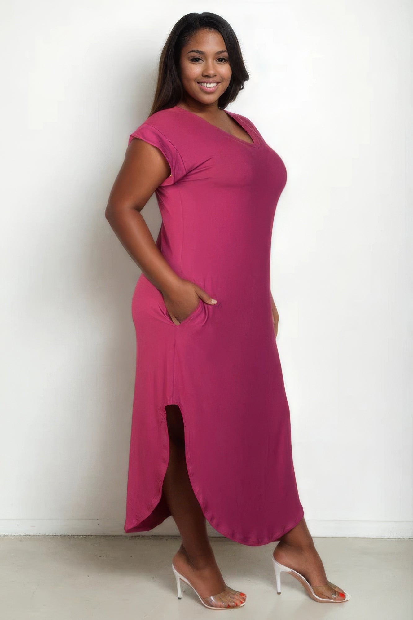 Blue Zone Planet | Plus Size Hidden Pocket Batwing Sleeve V Neck Long Dress Blue Zone Planet