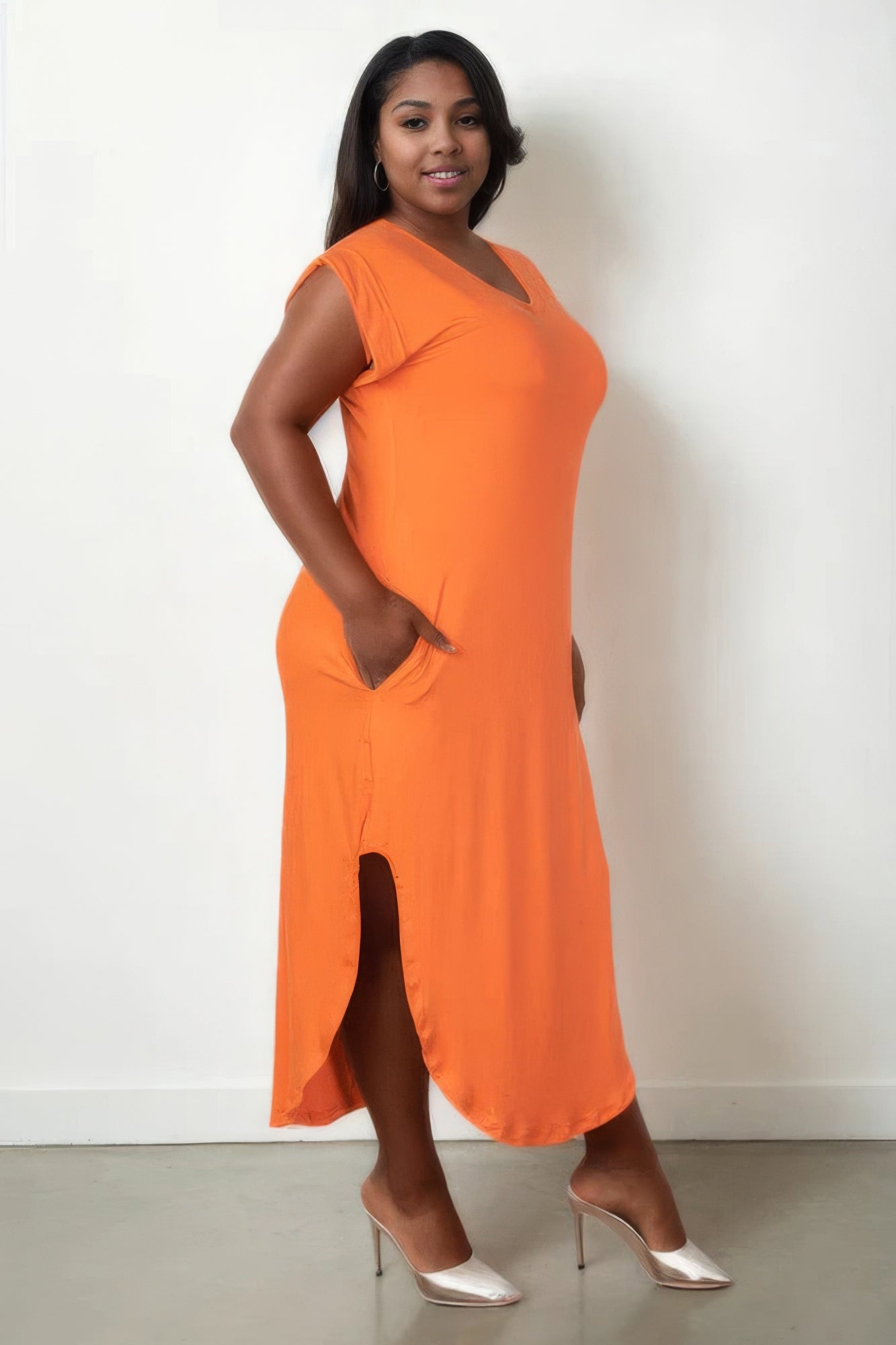 Blue Zone Planet | Plus Size Hidden Pocket Batwing Sleeve V Neck Long Dress Blue Zone Planet