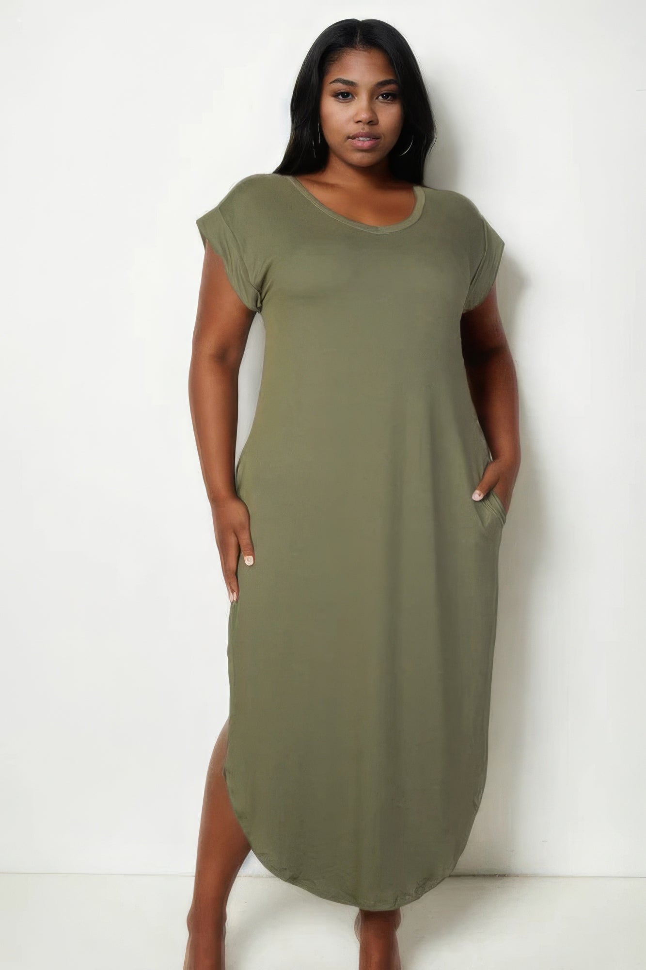 Blue Zone Planet | Plus Size Hidden Pocket Batwing Sleeve V Neck Long Dress Blue Zone Planet