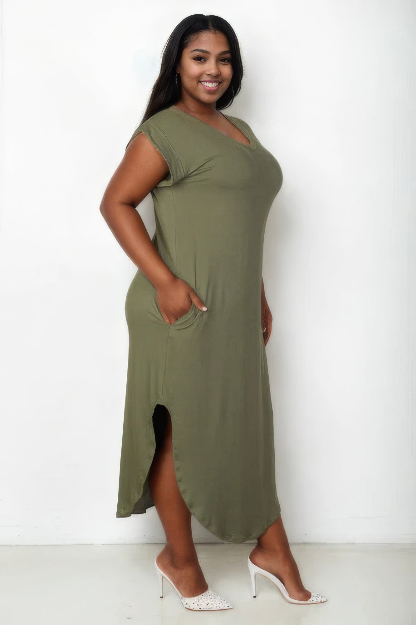 Blue Zone Planet | Plus Size Hidden Pocket Batwing Sleeve V Neck Long Dress Blue Zone Planet