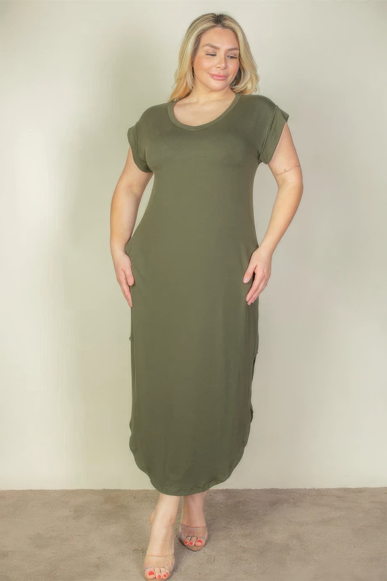 Blue Zone Planet | Plus Size Hidden Pocket Batwing Sleeve V Neck Long Dress Blue Zone Planet