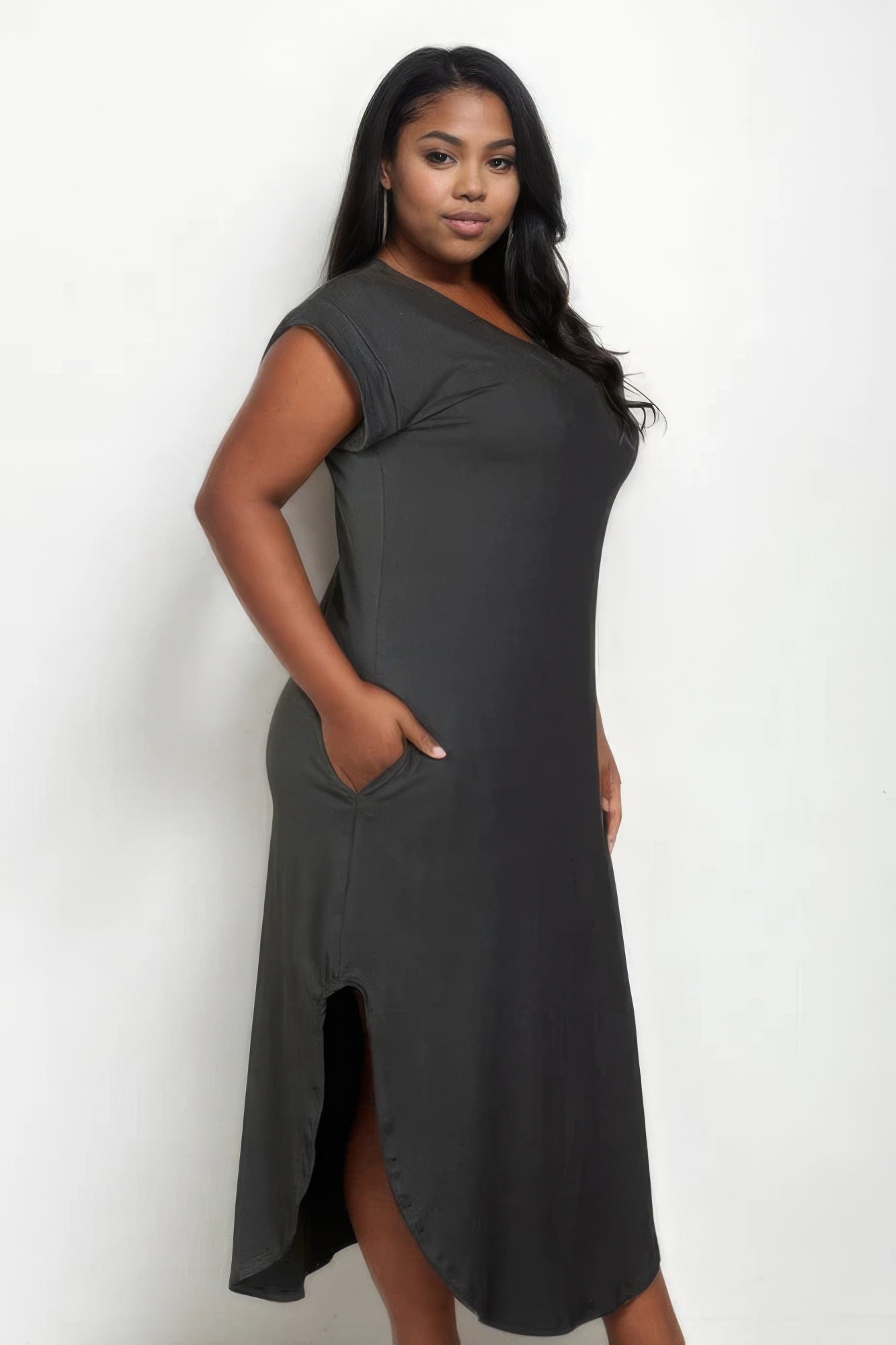 Blue Zone Planet | Plus Size Hidden Pocket Batwing Sleeve V Neck Long Dress Blue Zone Planet