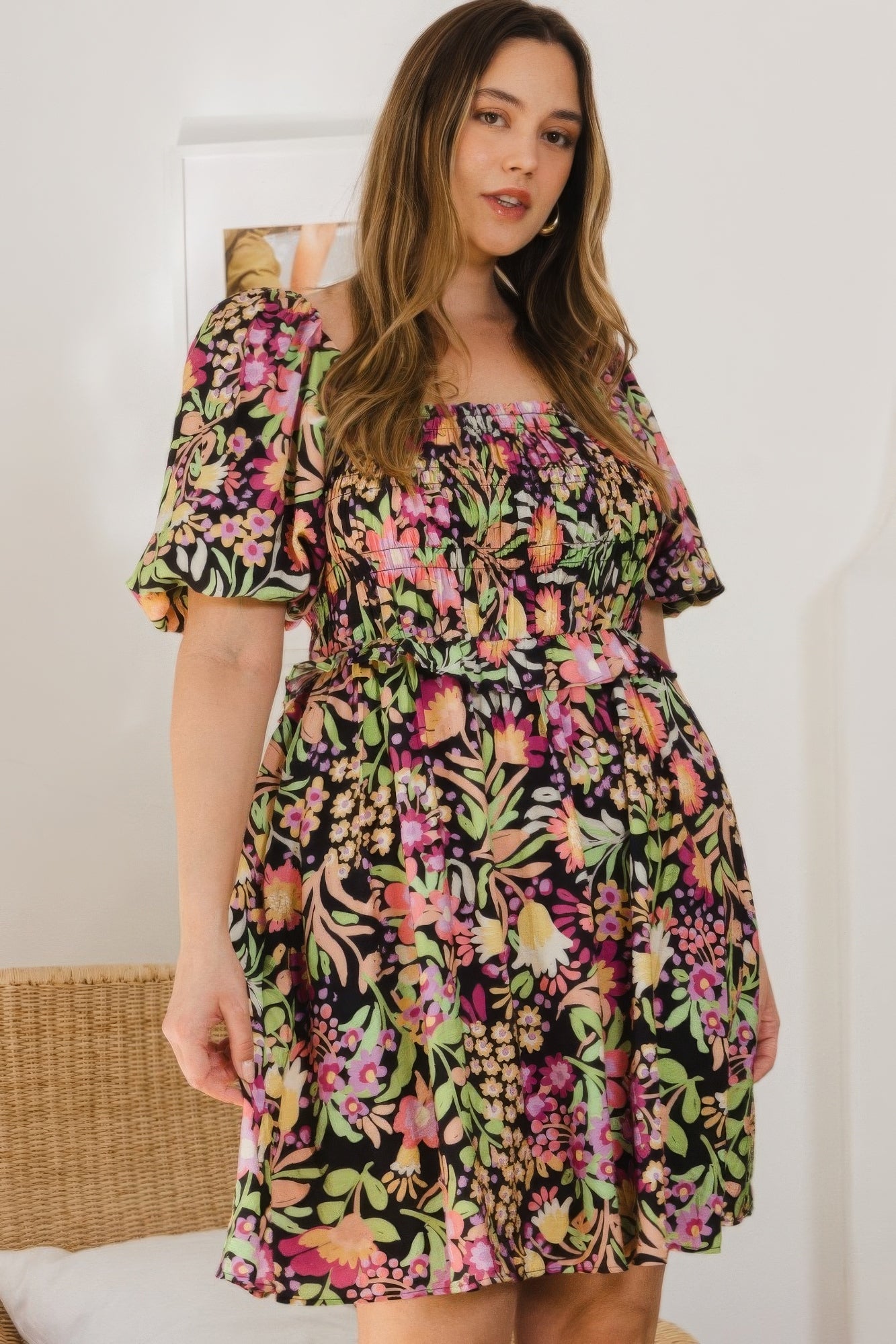Blue Zone Planet | Plus Floral Printed Center Tie-back Mini Dress Blue Zone Planet