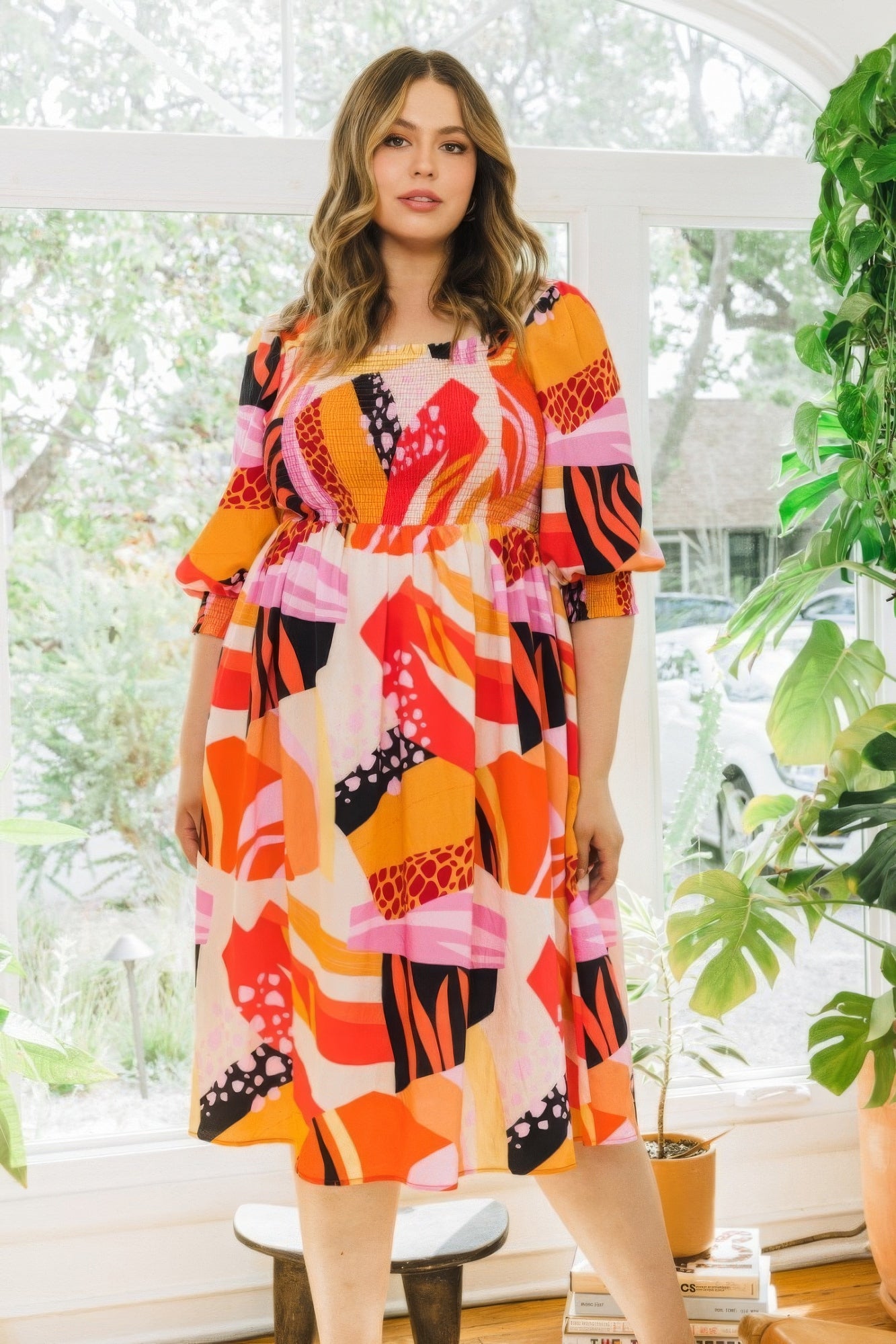 Blue Zone Planet | Plus Floral Print Square Neckline Midi Dress Blue Zone Planet