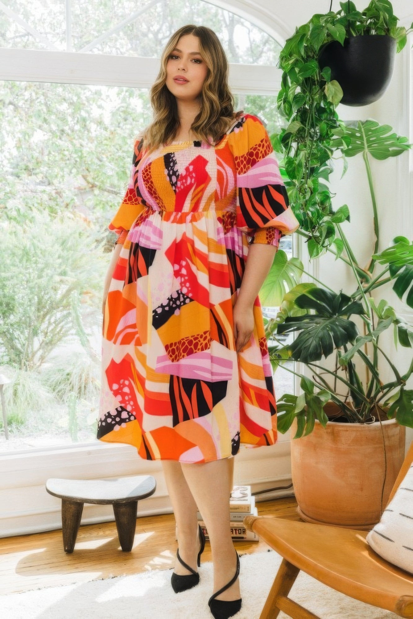 Blue Zone Planet | Plus Floral Print Square Neckline Midi Dress Blue Zone Planet