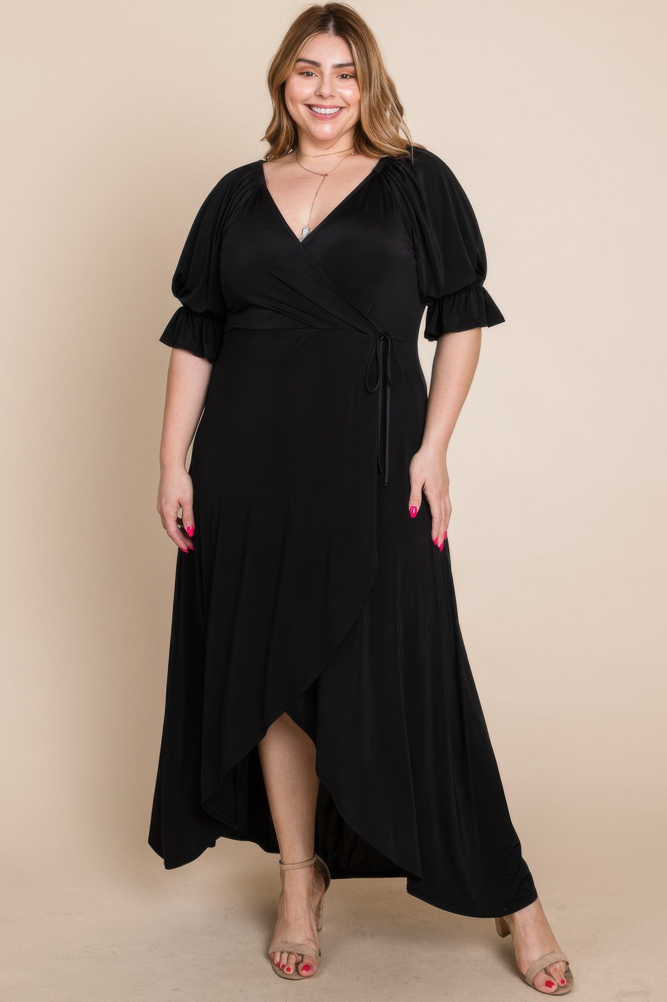 plus size long sleeve wrap maxi dress Plus Size Wrap Dress in Plum with Loose Cuffed Sleeves and Flared Skirt