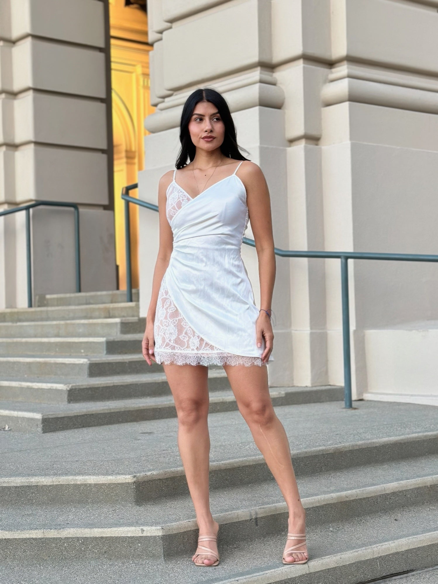 Sexy Party Satin Wrap Like & Lace Nude Mini Dress White / S by Blue Zone Planet Sexy Party Satin Wrap Like & Lace Nude Mini Dress White / S by Blue Zone Planet