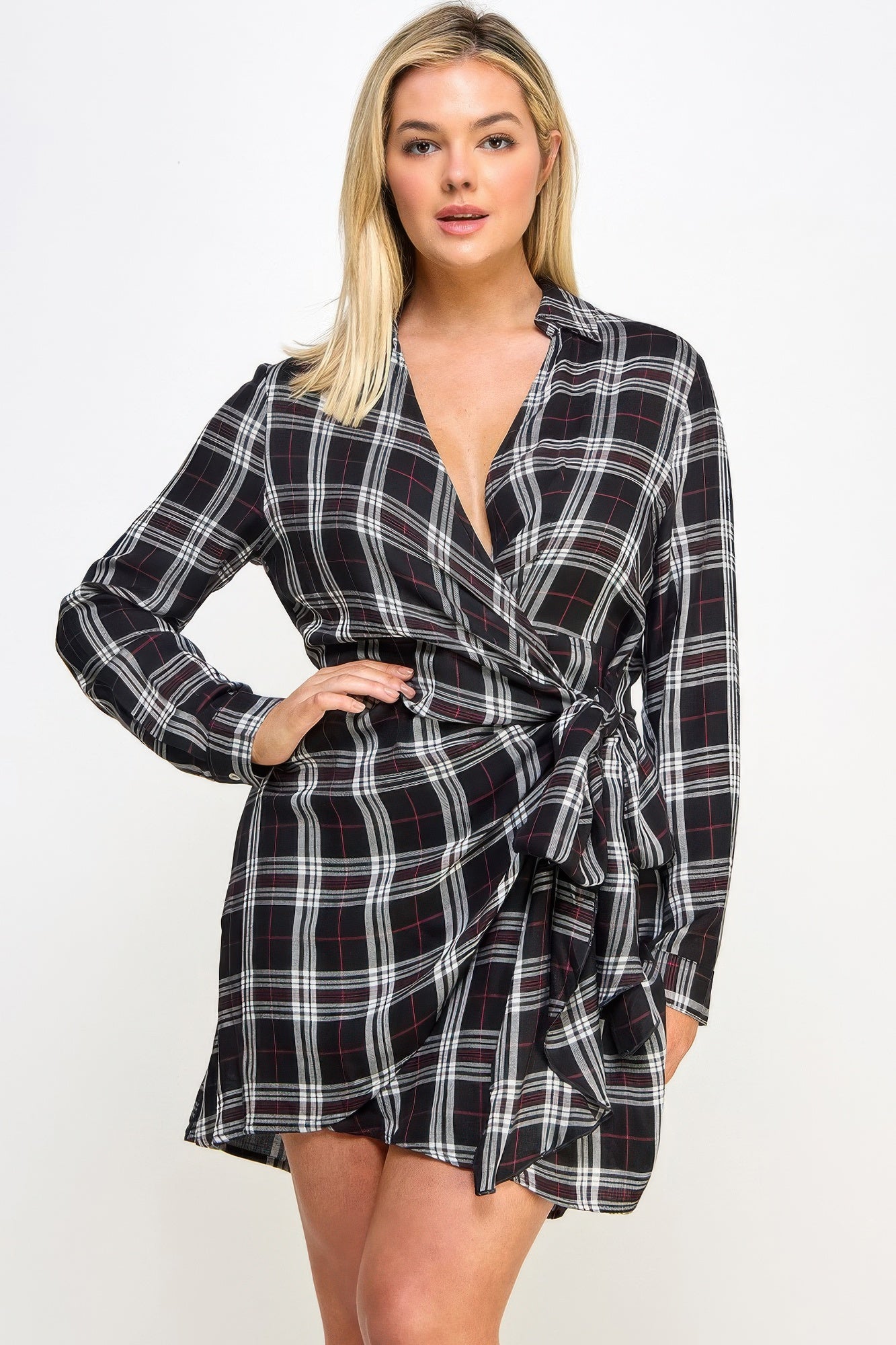 Plus Size Long Sleeve Plaid Side Tie Dress – Blue Zone Planet