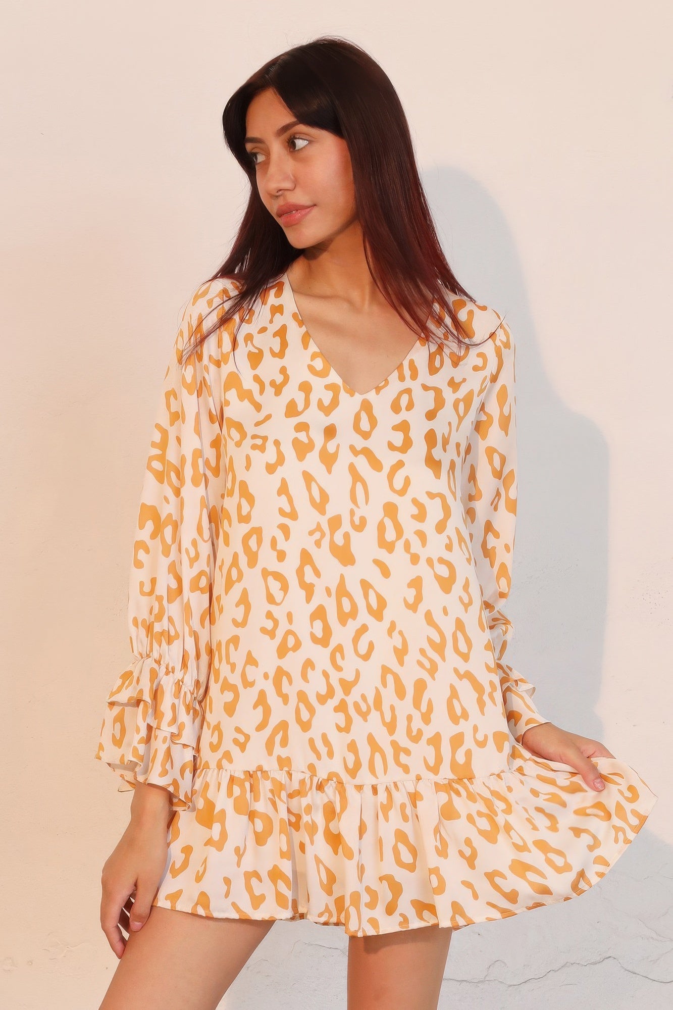 Simple Leopard Dress With Ruffle Cuff Blue / M by Blue Zone Planet