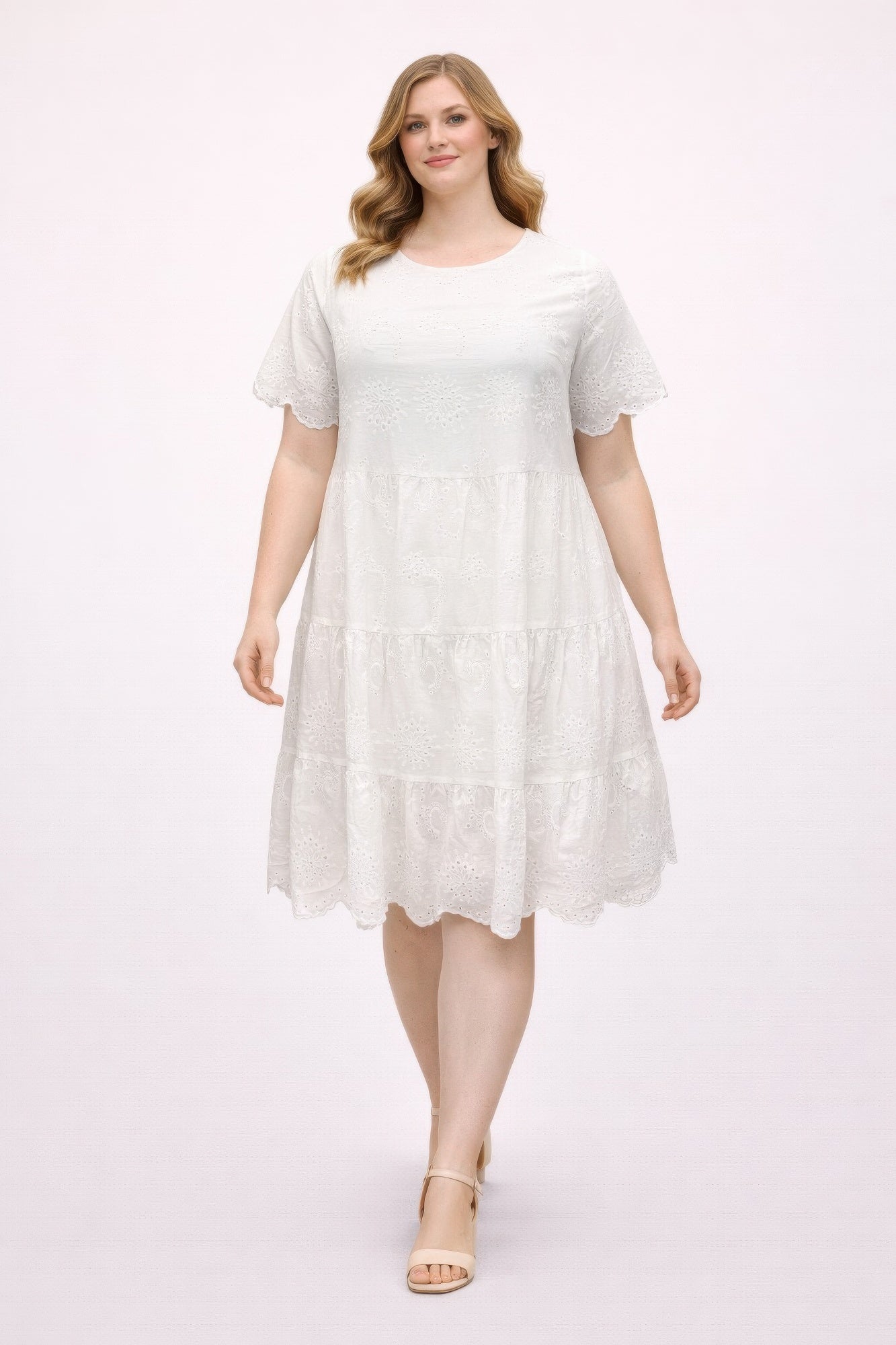 bright blue dress pants White Tiered Eyelet Midi Graduation Dress with Buttons White / Small main image 0