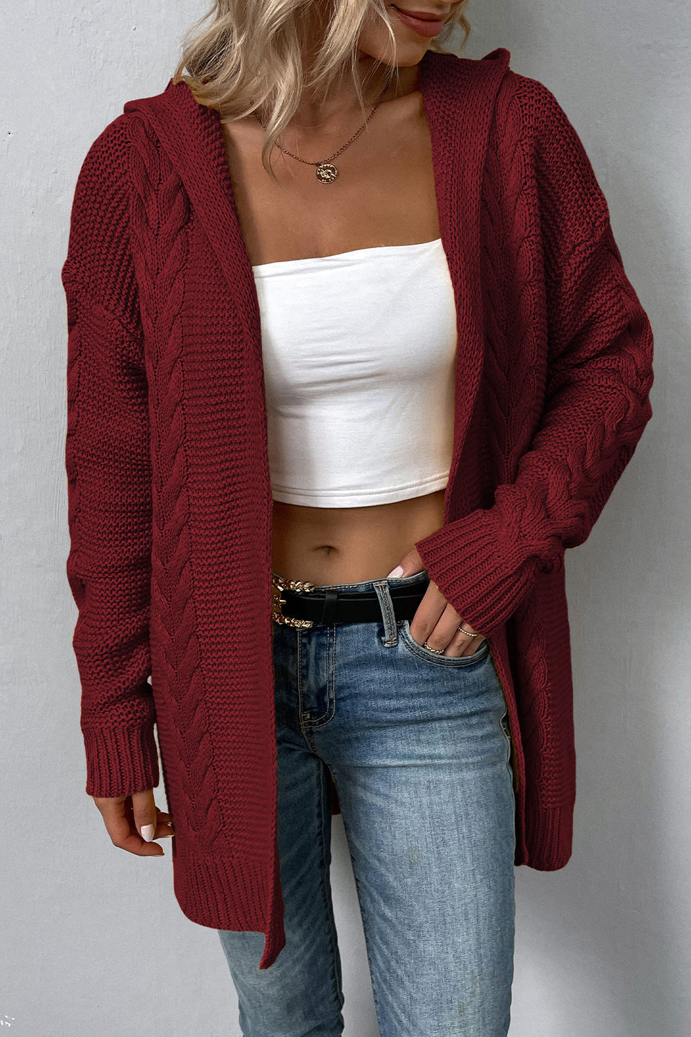 Cable-Knit Dropped Shoulder Hooded Cardigan BLUE ZONE PLANET