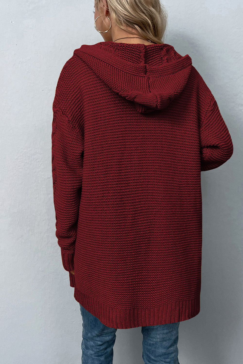 Cable-Knit Dropped Shoulder Hooded Cardigan BLUE ZONE PLANET